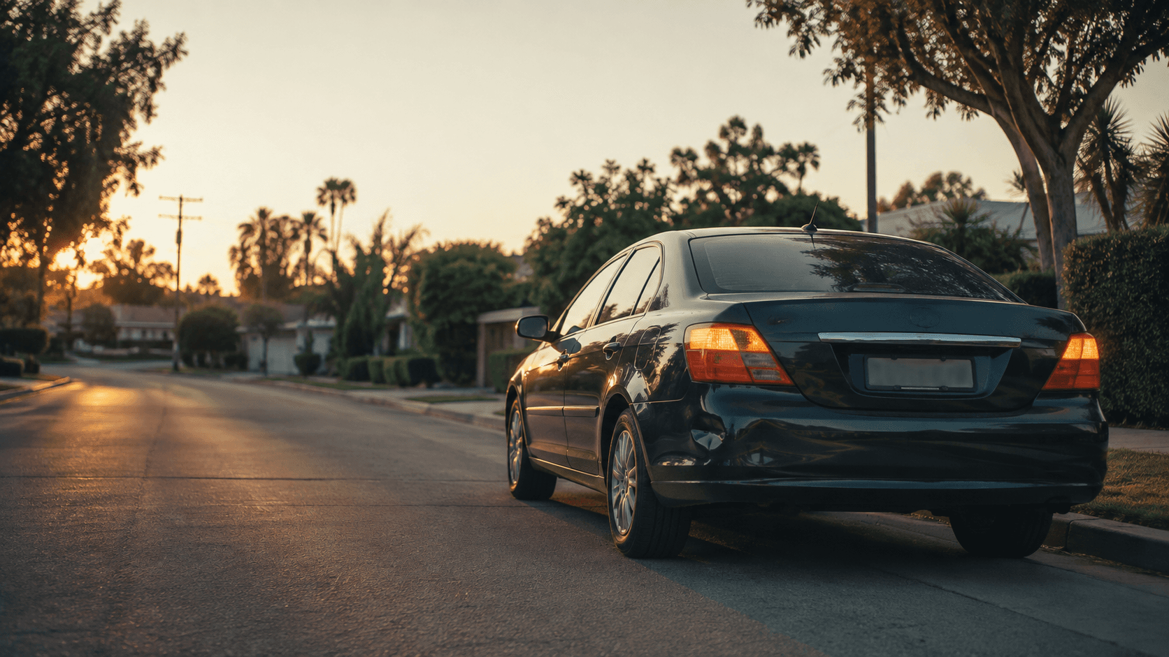 A dark sedan with a dented rear bumper parked on a residential street at dusk